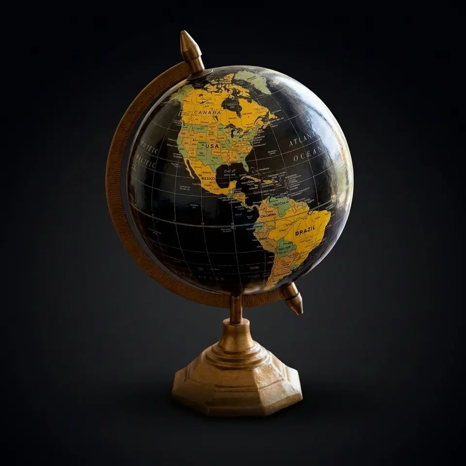 Vintage Desk Globe with Black Ocean and Golden Land Map on Octagonal Brass Stand view 1