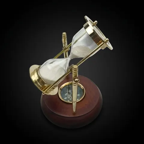 Rotating Brass Hourglass with Wooden Base and Compass, 2-Minute, White Sand view 1