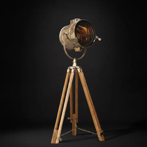 Chrome Spotlight on Teak Wood Tripod view 1
