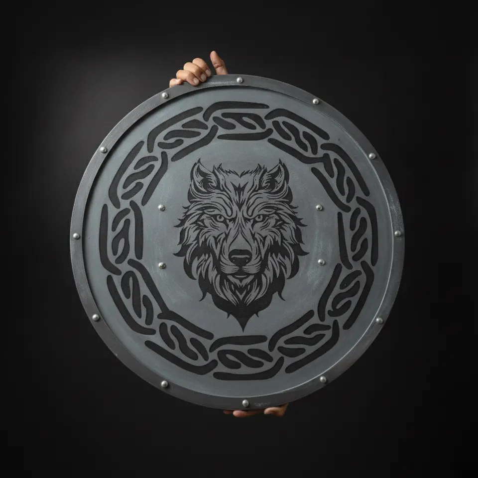 Handmade Engraved Viking Wolf Shield with Norse Celtic Knotwork