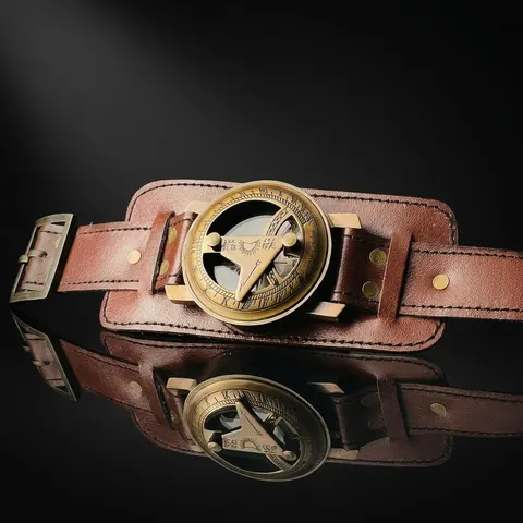 Brass Wrist Sundial Compass with Brown Strap view 1