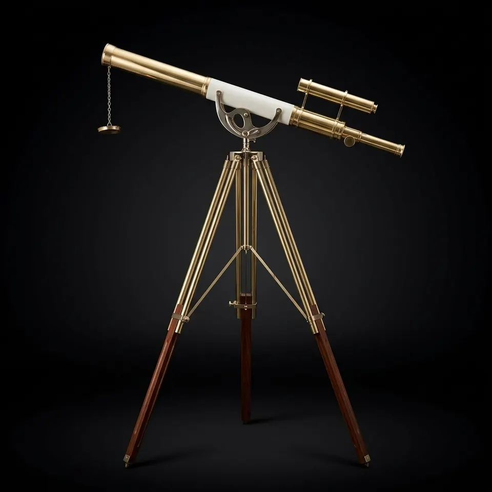 Double Barrel Brass & Leather Floor Standing Telescope 63" with Brass Tripod Stand with Wooden Base