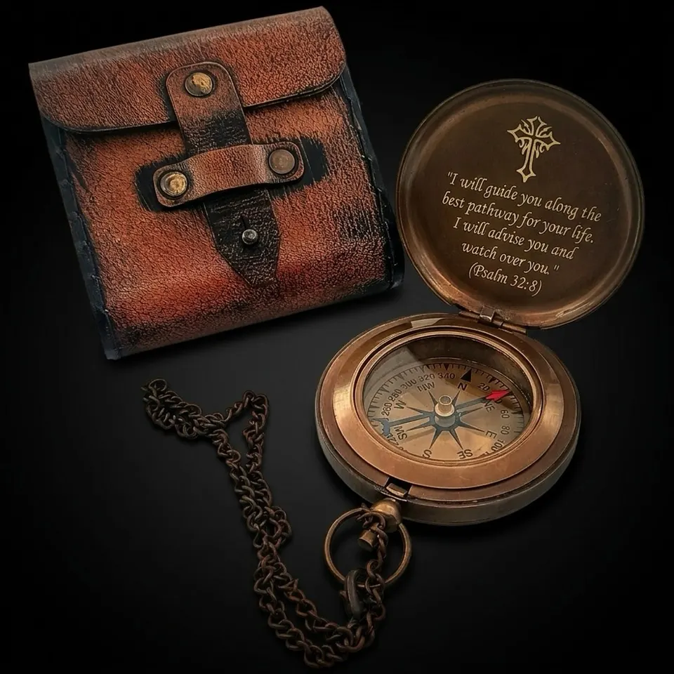 Psalm 32:8 Compass, Leather Case
