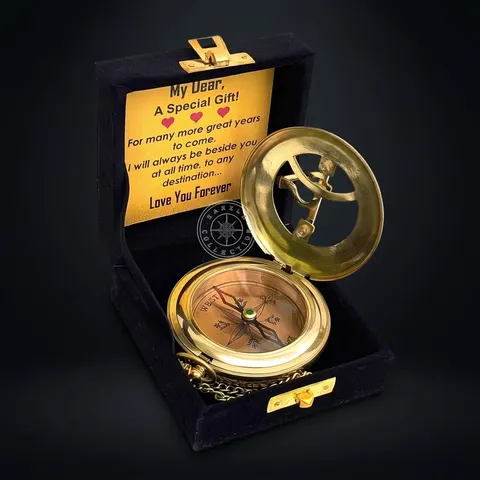 Antique Brass Sundial Compass with Velvet Box view 1