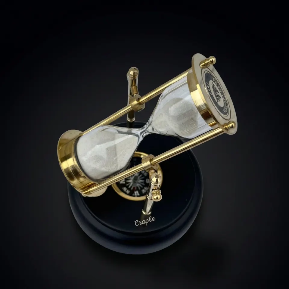 Rotating Brass Hourglass with Black Wooden Base and Compass, 3-Minute, White Sand view 1