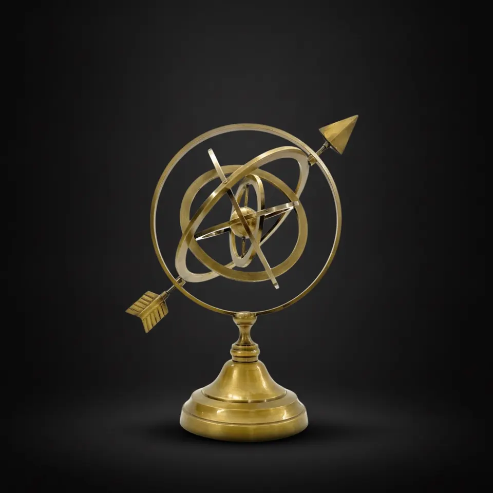 Brass Armillary Sphere with Pierced Arrow on Astrolabe Base