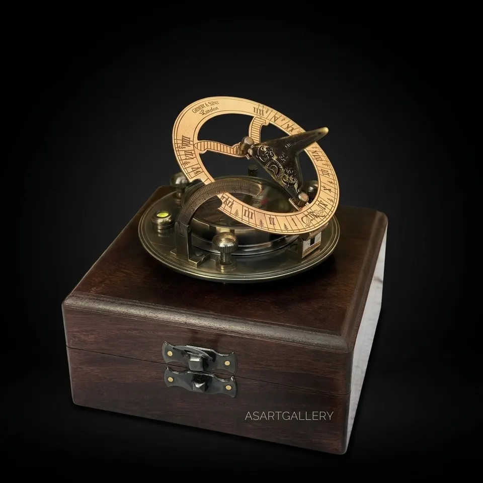 Antique Brass Sundial Compass with Fitted Wooden Presentation Box