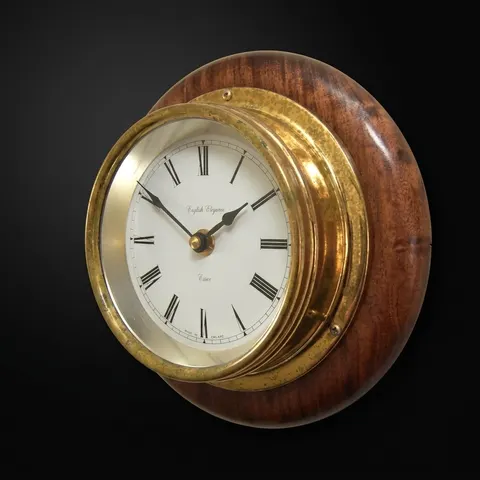 Brass Wall Clock English Style Wooden Base view 1