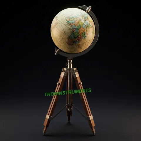 Vintage Desk Globe with Chrome Nickel Ring on Wooden Tripod Stand view 1