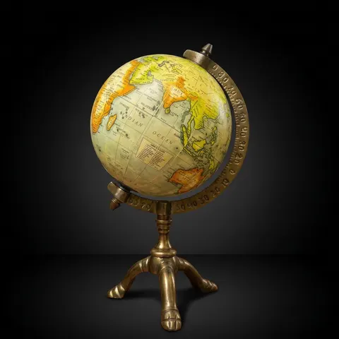 Vintage Brass Globe with Polished Three-Legged Stand and Brass Meridian Ring view 1