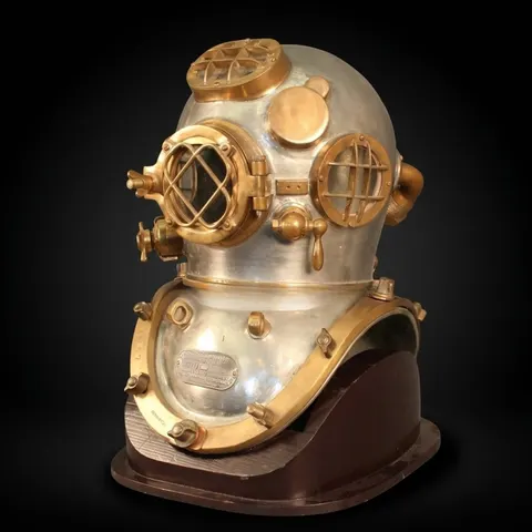 Vintage Diving Helmet with Silverish Cream Finish and Dark Brown Base view 1