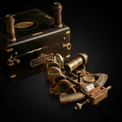 Antique Brass Sextant with Two Extra Telescopes and Black Wooden Box view 1