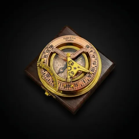Black Antique Brass Sundial Compass with Black Wooden Presentation Box view 1