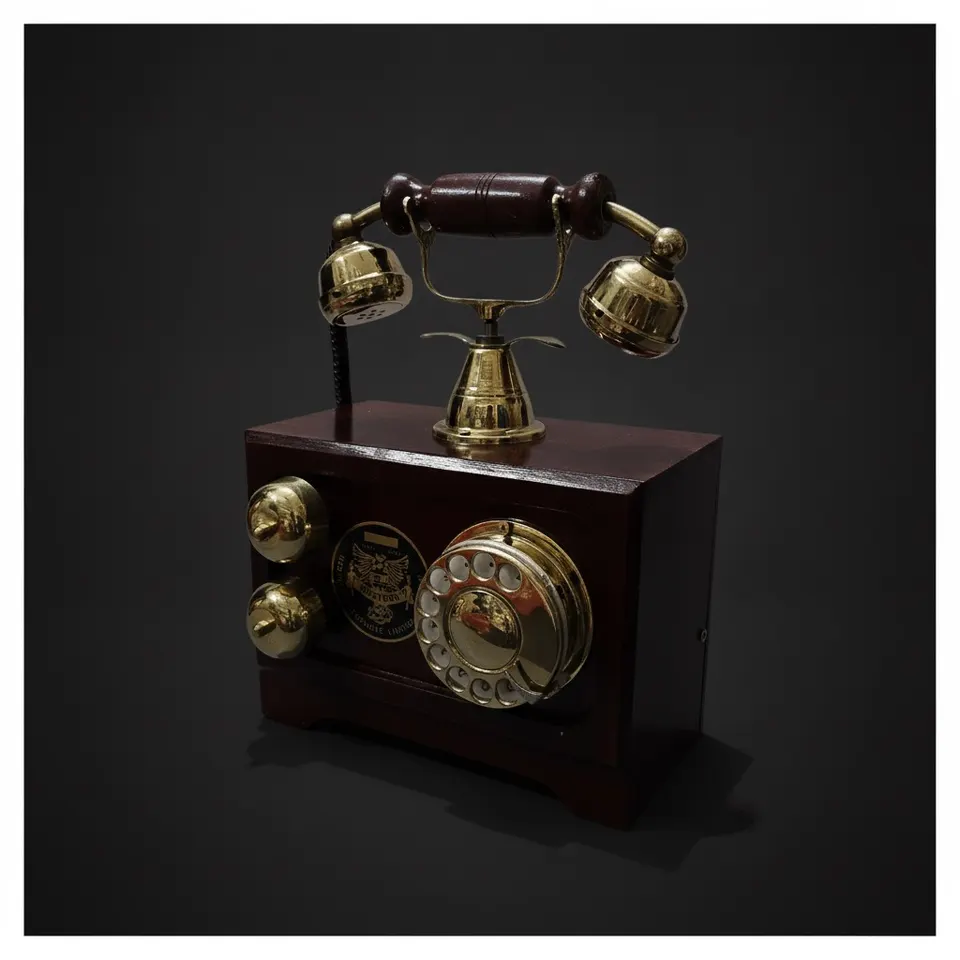 Retro Brown Wooden Landline Telephone — Brass Dial view 1