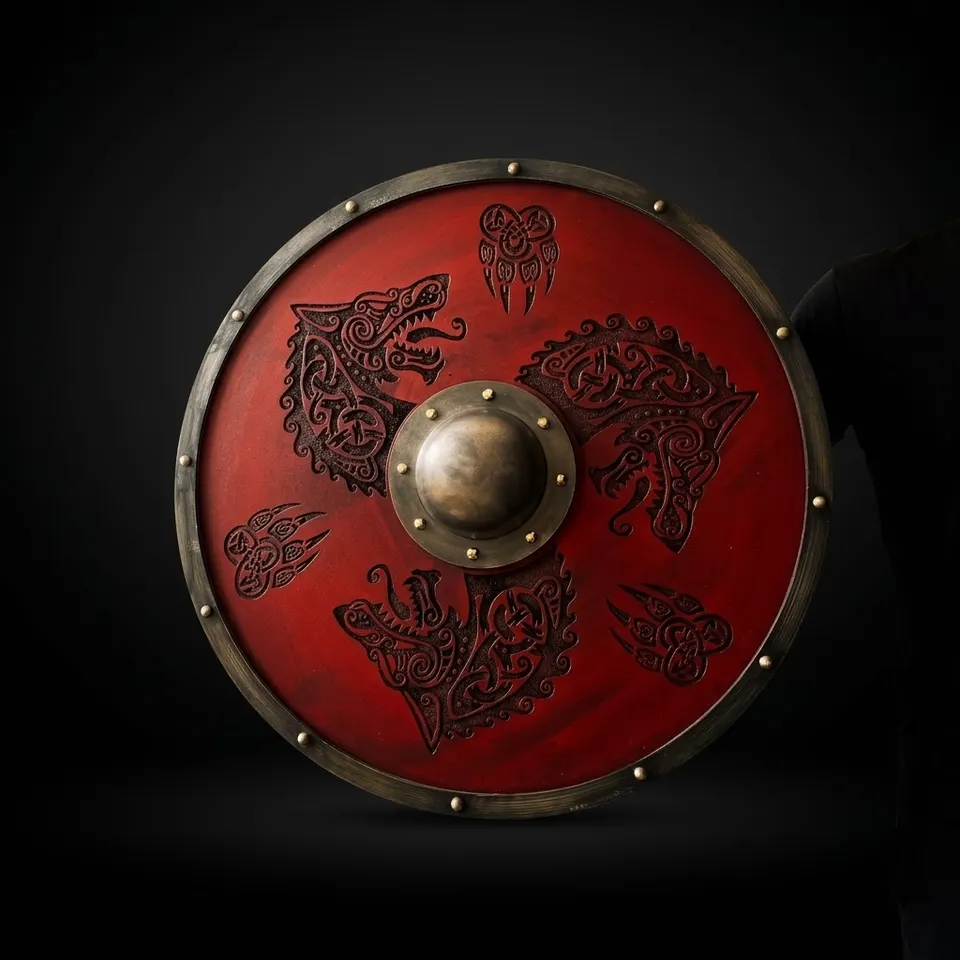Hand Engraved Viking Wolf Shield with Red Norse Décor LARP view 1