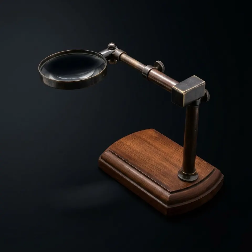 All-Brass Magnifier 2.5" on Extendable Arm MDF Wood Base Stand view 1