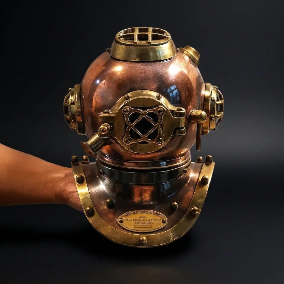 Antique Brass Diving Helmet Miniature with Wooden Display Stand