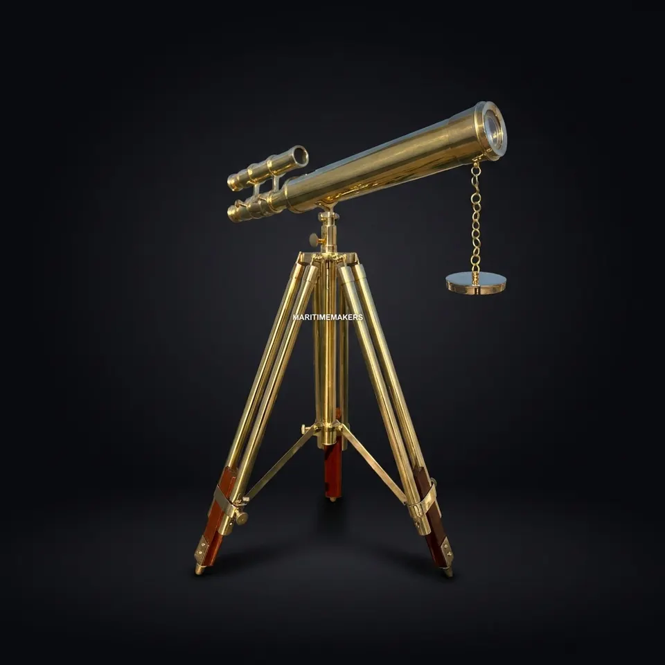Double Barrel Brass Floor Standing Telescope 40" with Wooden Tripod Stand
