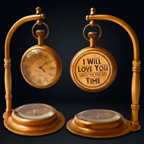 Brass Desk Clock with Working Compass, Victoria London Dial (Alternate Design) view 1