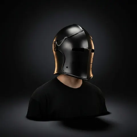Black Medieval Barbuta Helmet with Full Face Chain Visor view 1