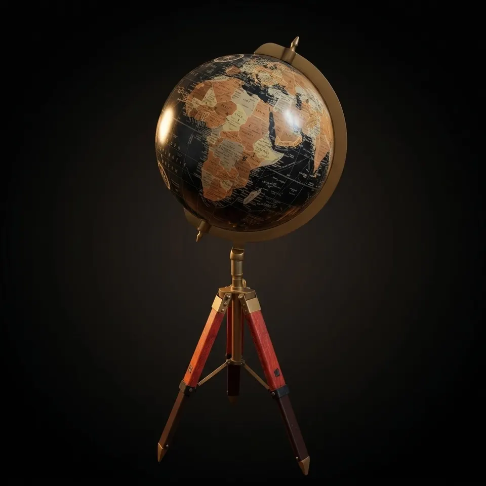 Dark Globe with Adjustable Reddish Wooden Tripod Stand