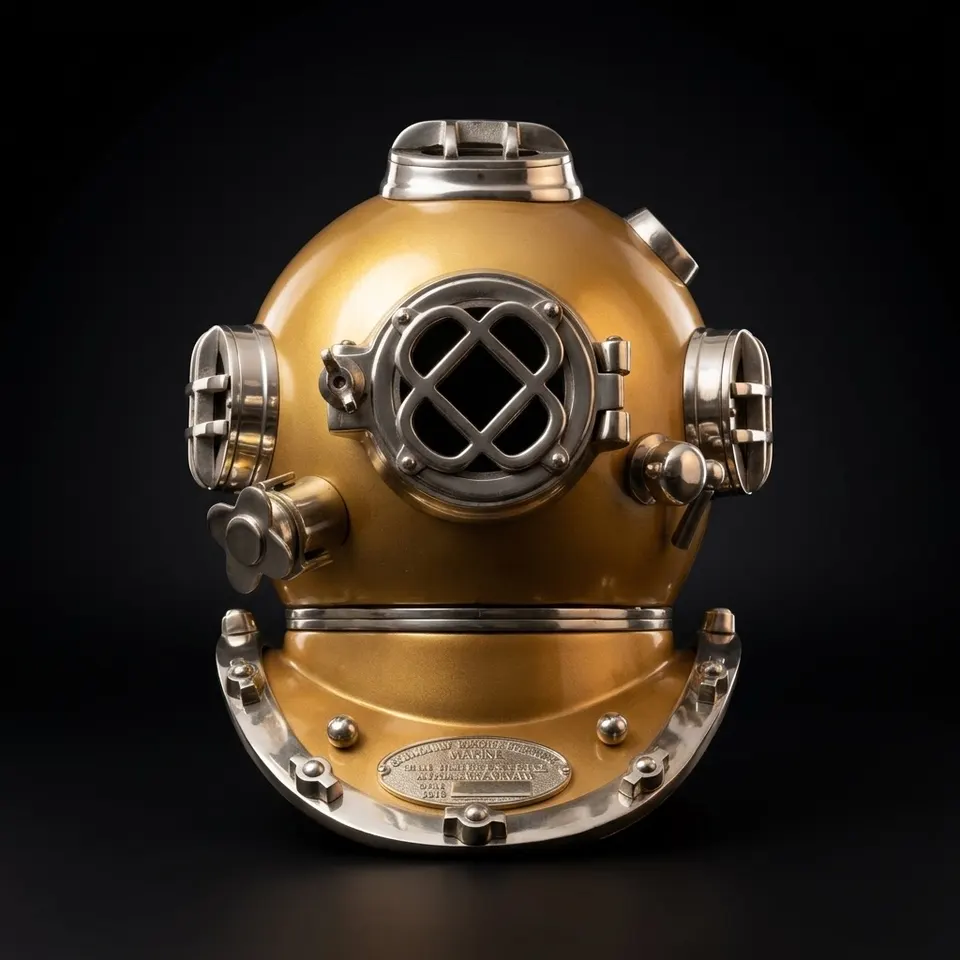 Diving Helmet with Mustard Finish and Chrome Nickel Highlights