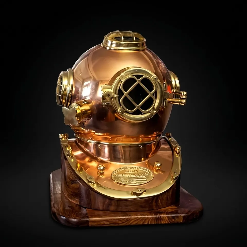 Copper Brass Diving Helmet with Polished Copper Finish and Rosewood Base