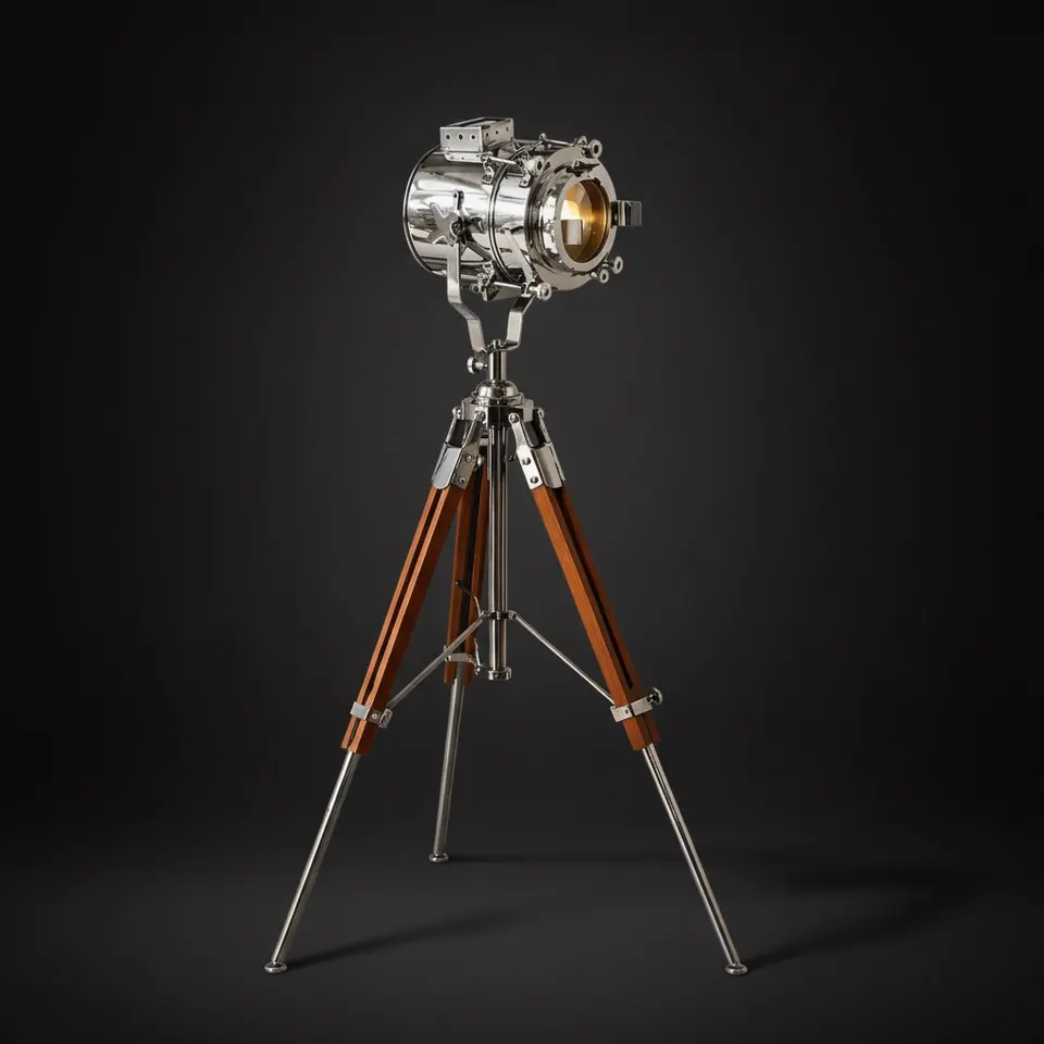 Chrome Spotlight on Wooden Tripod