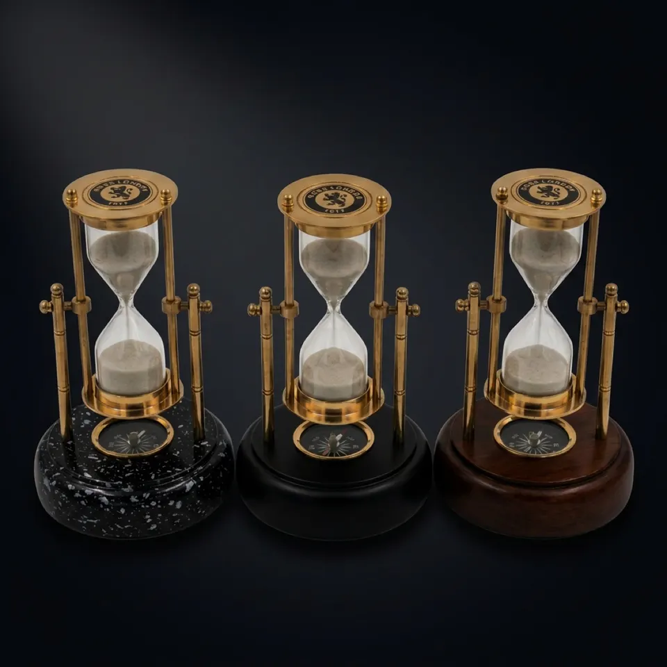 Rotating Brass Hourglass with Compass Base, 3-Minute view 1