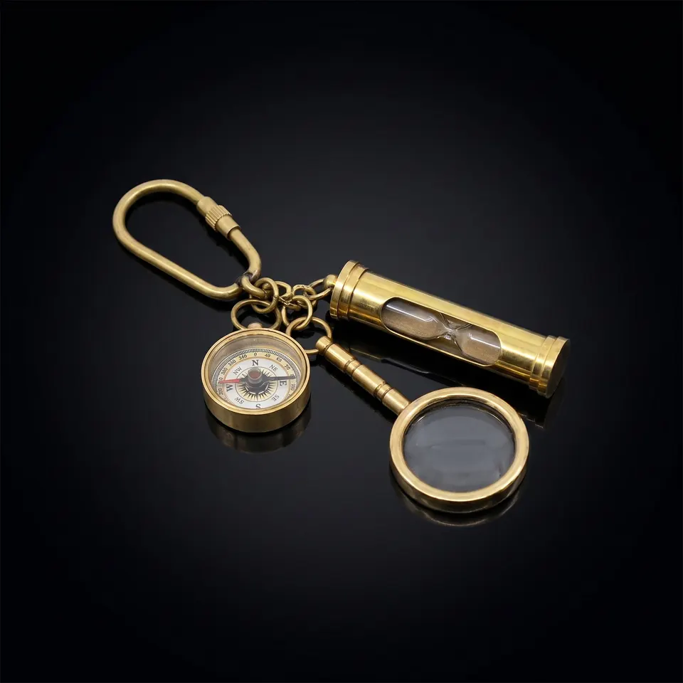 Brass Compass, Magnifier and Hourglass Keychain Set