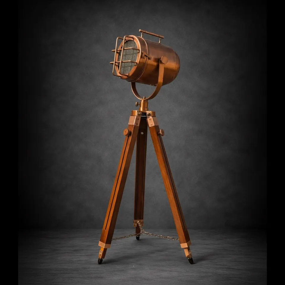 Copper Spotlight on Wooden Tripod