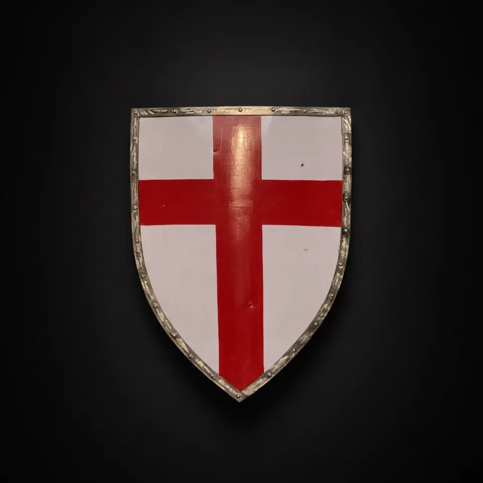 Red Crusader Steel Shield with Medieval Knight Battle view 1