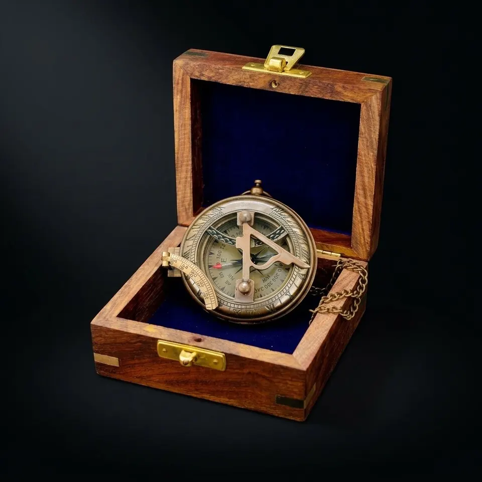Antique Brass Sundial Compass with Fitted Wooden Presentation Box
