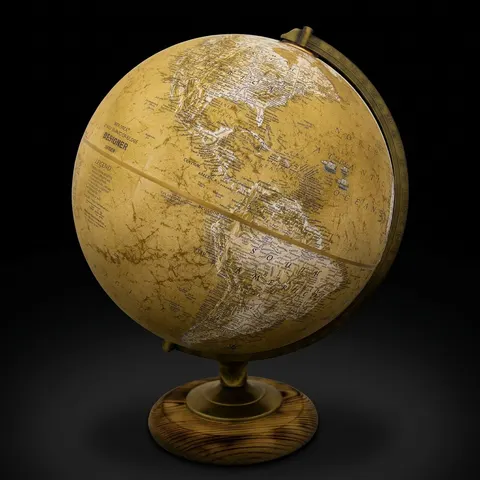 Large Desk Globe with Antique Brass Ring on Wooden Base view 1