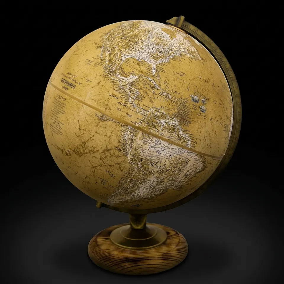 Large Desk Globe with Antique Brass Ring on Wooden Base