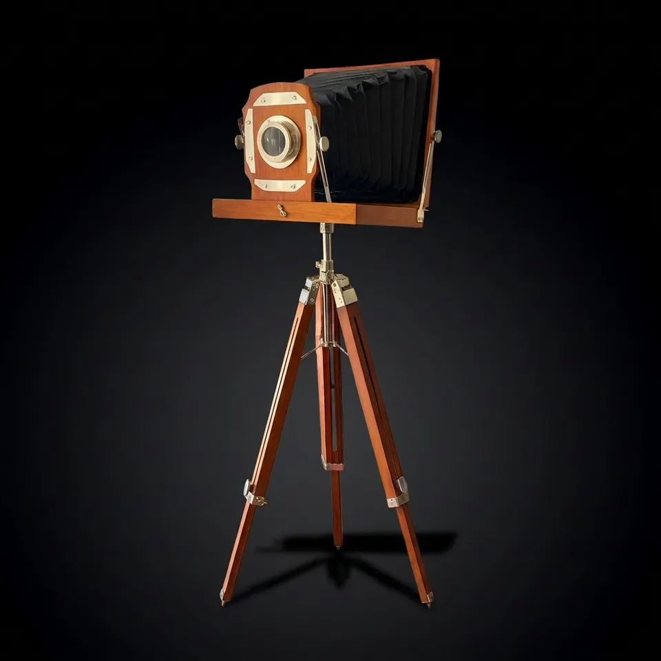 Tall Wooden Film Camera on Floor Tripod