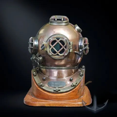 Copper Diving Helmet with Brown Antique Finish and Wooden Base view 1