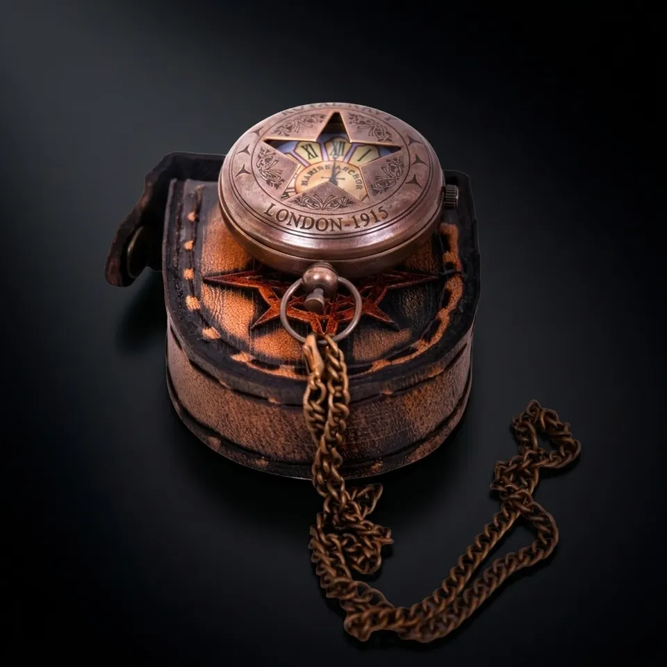Brass Pocket Watch — Push-Button Leather Case view 1