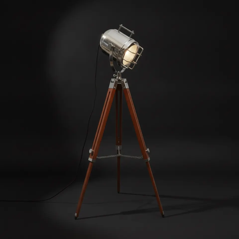 Chrome Spotlight on Wooden Tripod