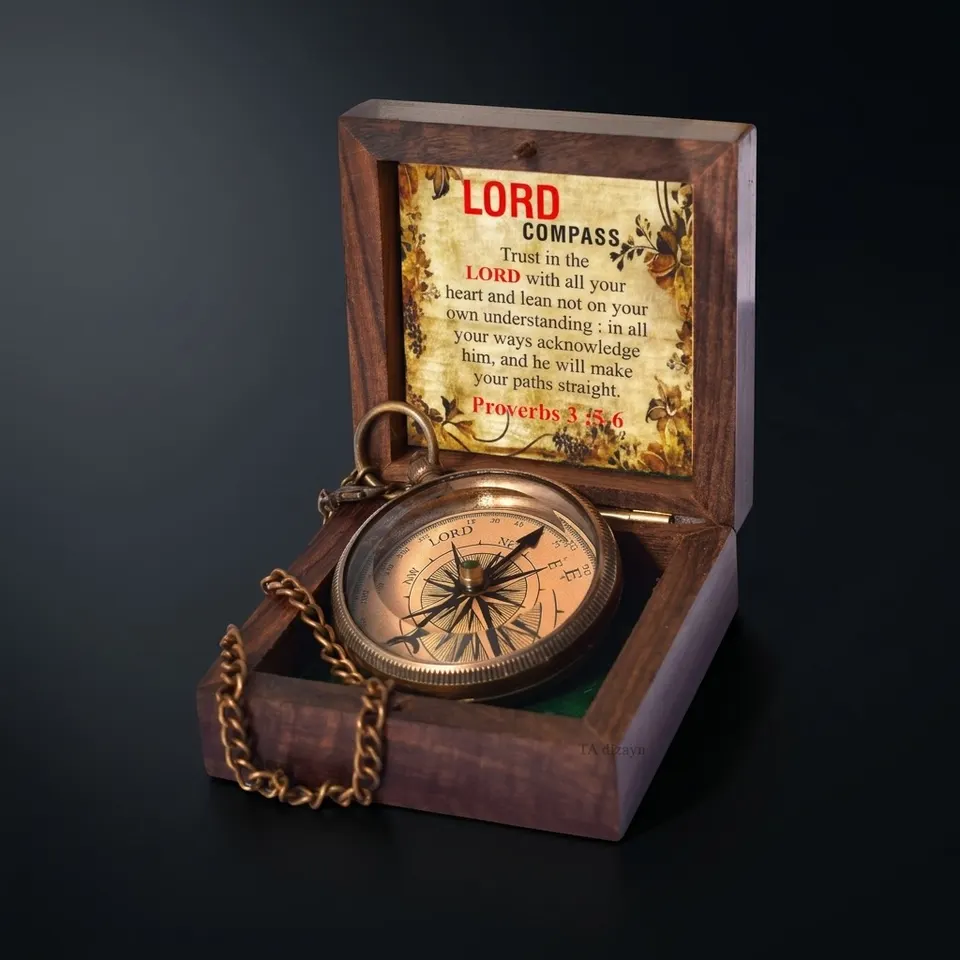 Proverbs 3:5-6 Compass, Wooden Box