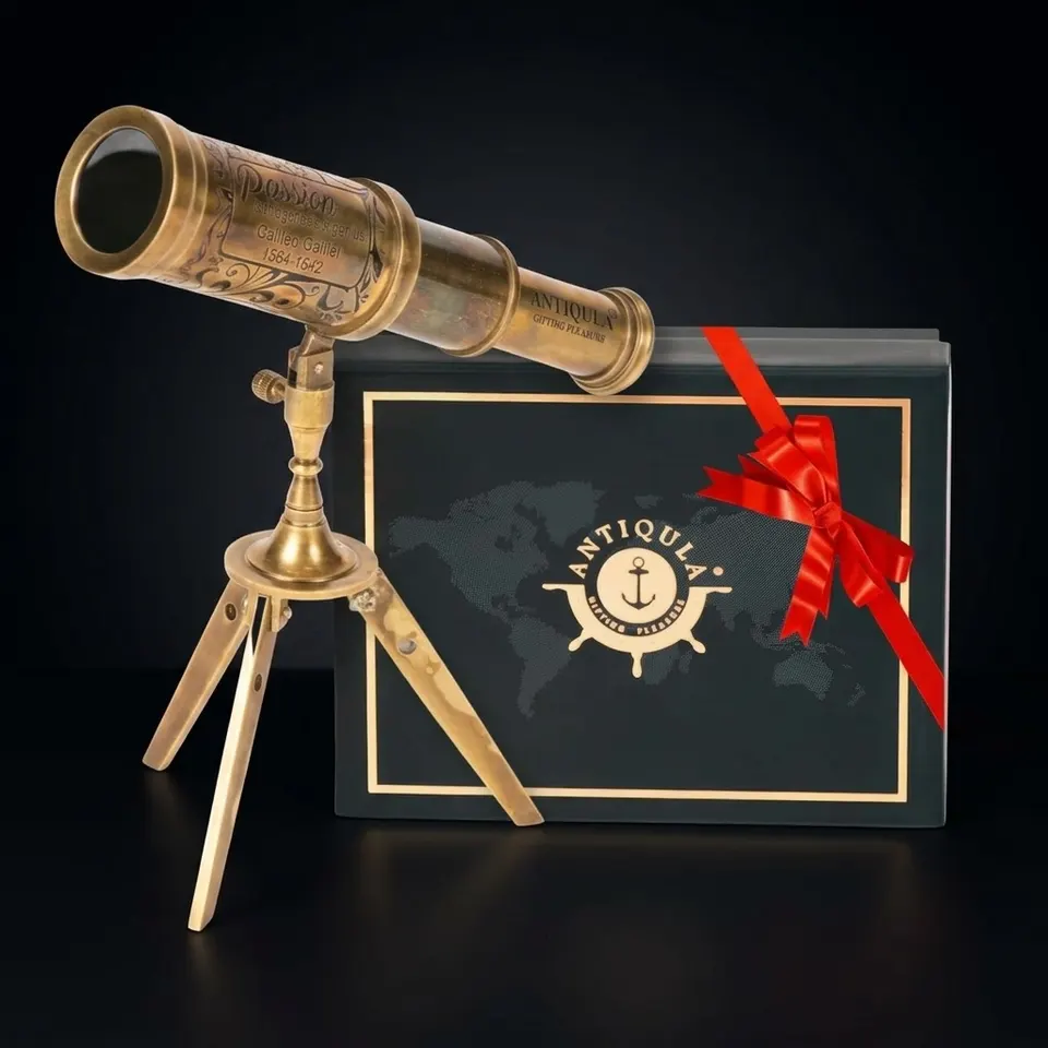 Brass Floor Standing Telescope 7" with Black Gift Box + Detachable Brass Tripod Stand