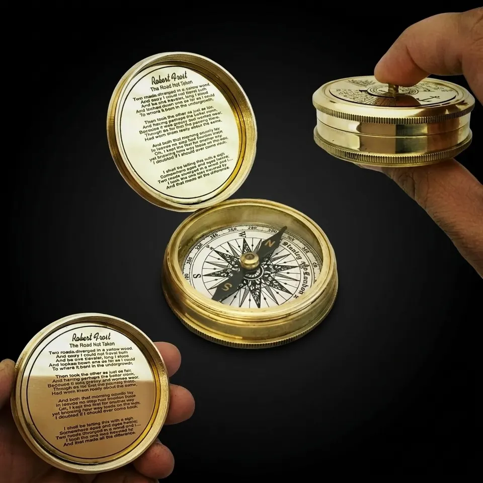 Robert Frost Quote Compass, Antique Finish