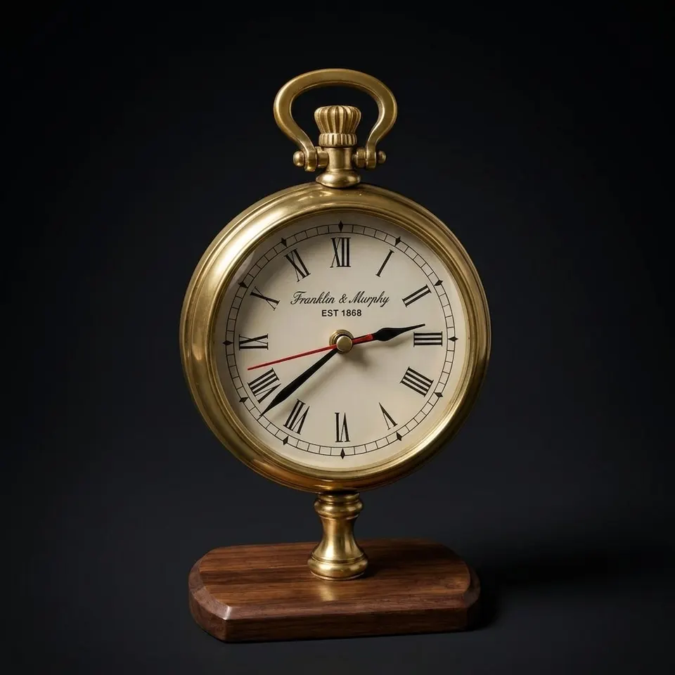 Tall Brass Desk Clock on Wooden Stand