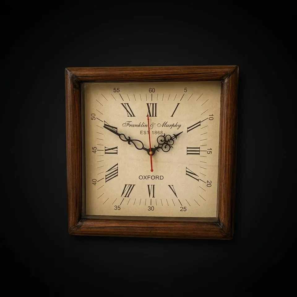 Square Wooden Wall Clock Antique Finish