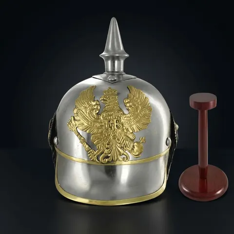 German Pickelhaube Helmet with Wooden Stand view 1
