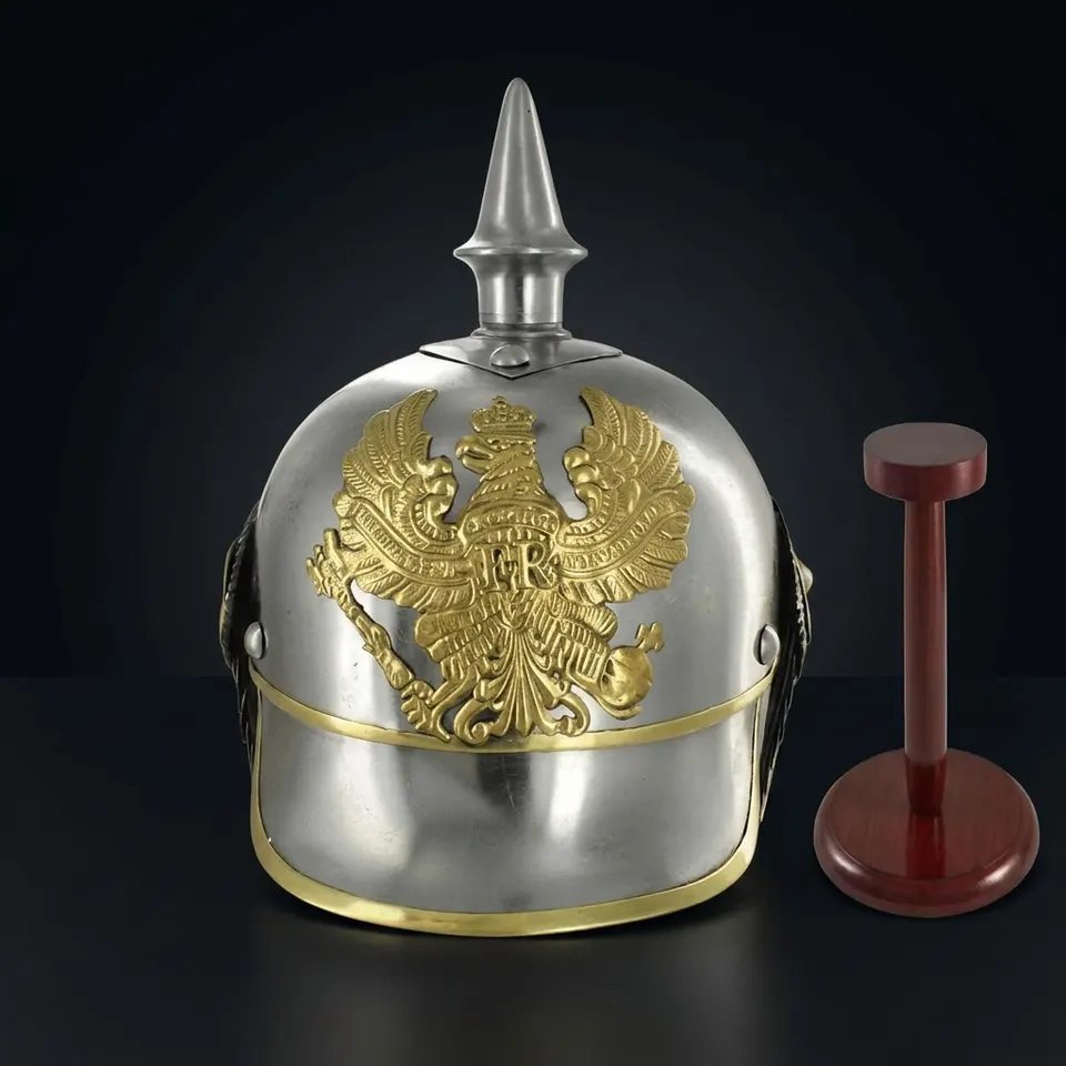 German Pickelhaube Helmet with Wooden Stand
