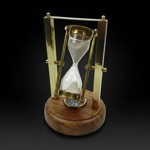 Rotating Brass Hourglass with Wooden Base and Compass, 3-Minute, White Sand view 1