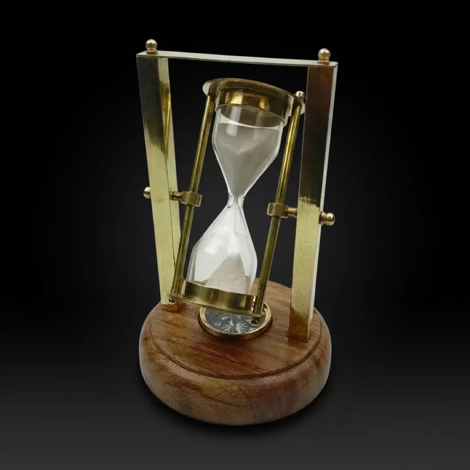 Rotating Brass Hourglass with Wooden Base and Compass, 3-Minute, White Sand view 1