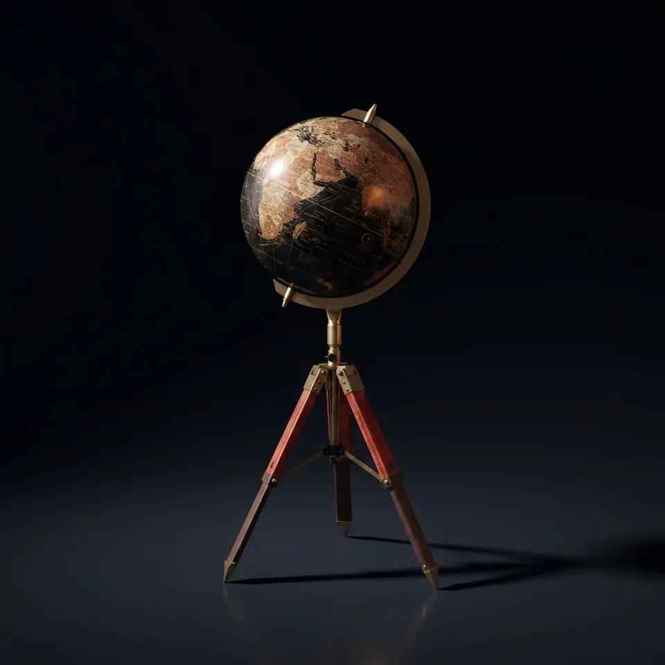 Large Dark Globe with Antique Brass Ring on Adjustable Wooden Tripod Stand