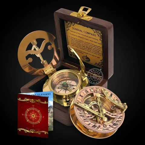 Polished Brass Sundial Compass with Fitted Wooden Presentation Box view 1